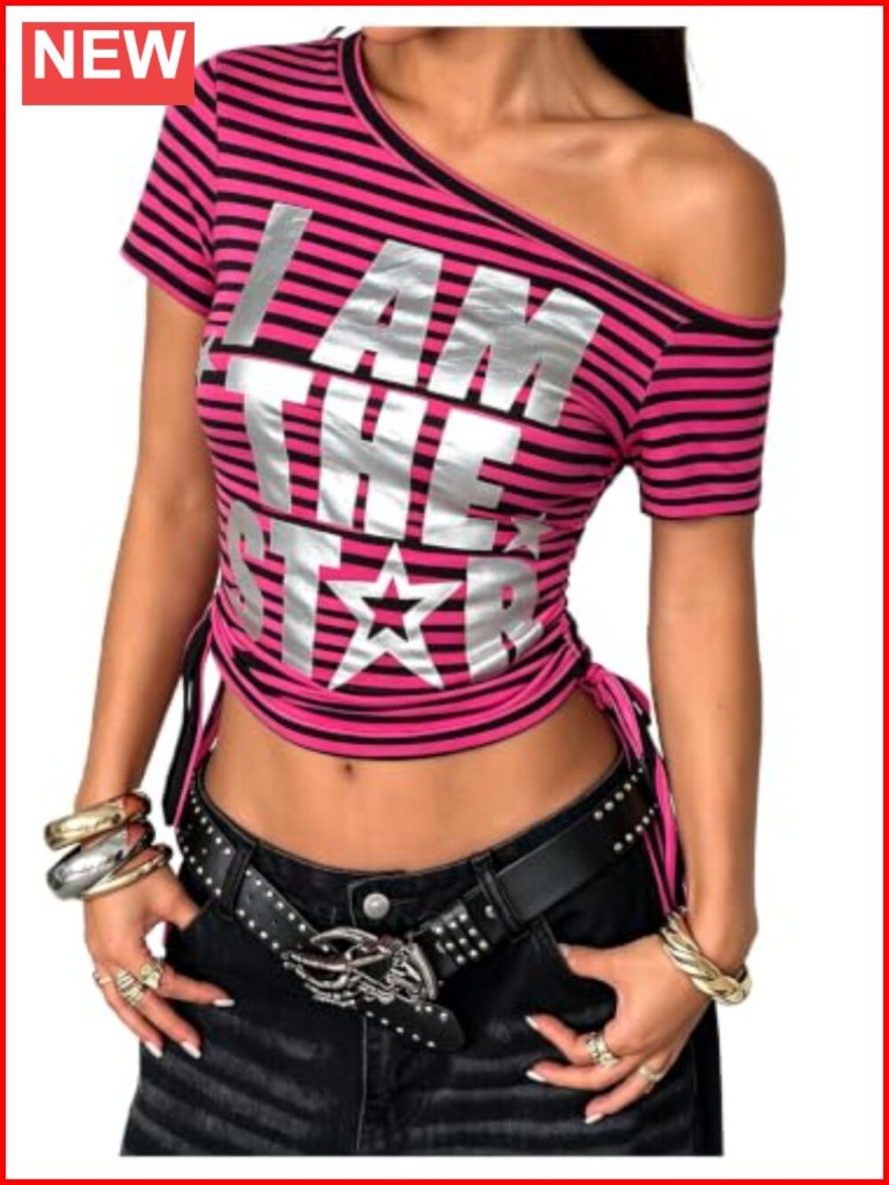Off Shoulder Graphic Tee Striped Cinched Waist Y2K Punk Top
